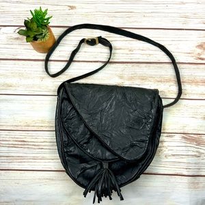 Vintage Black Crinkled Textured Genuine Leather Crossbody Bag - 10x10